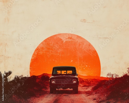 1970sinspired gradient Pantone background, combining warm sunset tones with grainy film textures, evoking a classic road trip feel photo