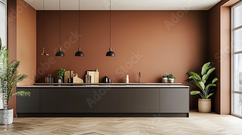 Modern kitchen interior with brown wall, wooden floor, and countertop with hanging lights.