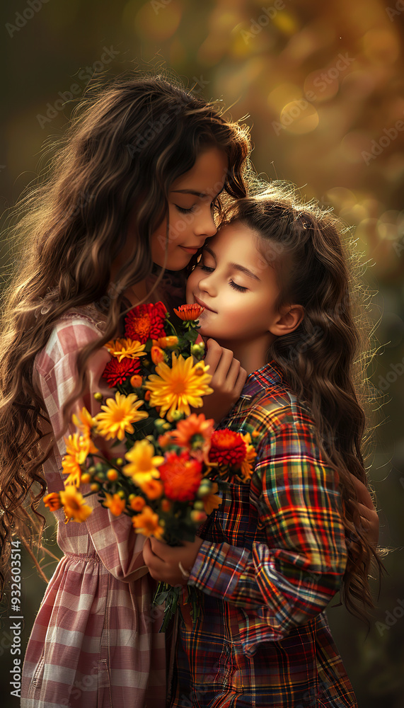 Two Sisters Embracing with a Bouquet of Flowers Two Sisters Embracing with a Bouquet of Flowers