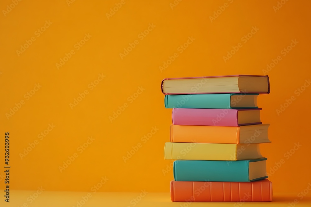 Fototapeta premium Stack of books on orange background, copy space.