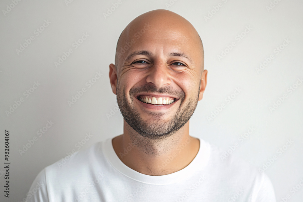 A bald, happy man with no hair problems on a white background. A confident and positive image of a content and cheerful adult male A bald, happy man with no hair problems on a white background. A confident and positive image of a content and cheerful adult male