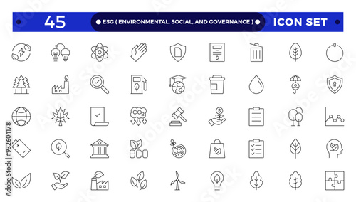 ESG icon Outline set, Environmental, Social, and Governance line icon. ESG outline icons collection. Includes Sustainability, Solar Panel. Set of outline icons about Environmental Social Governance.