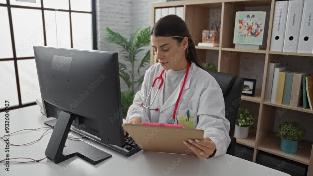 A female doctor in a clinic office wearing a white coat and stethoscope, working on a computer and reviewing a clipboard with medical charts, surrounded by books and plants on shelves. A female doctor in a clinic office wearing a white coat and stethoscope, working on a computer and reviewing a clipboard with medical charts, surrounded by books and plants on shelves.