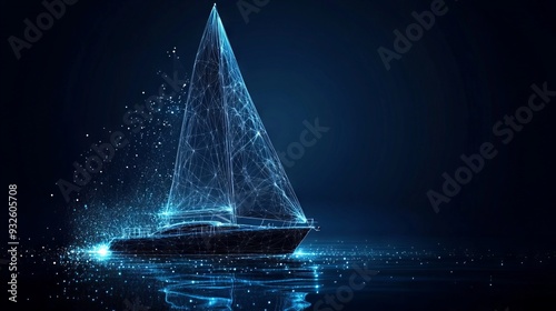 Abstract 3d illustration of yacht in dark blue. Yachting sport, sailing, business, travel concept. Digital vector mesh looks like starry sky. Low poly wireframe with lines, dots and glowing particles photo