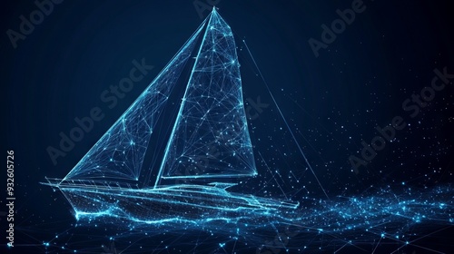 Abstract 3d illustration of yacht in dark blue. Yachting sport, sailing, business, travel concept. Digital vector mesh looks like starry sky. Low poly wireframe with lines, dots and glowing particles photo