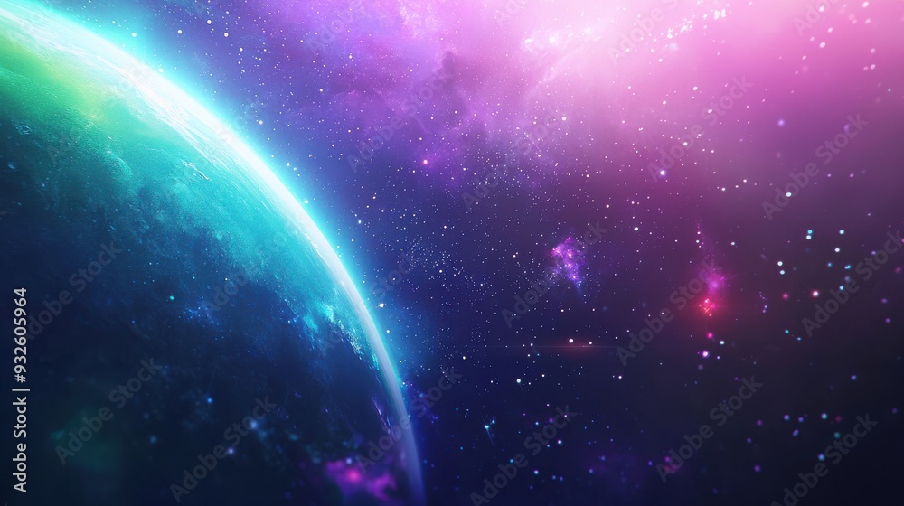 Obraz premium A cosmic space scene with a vibrant gradient of colors, including deep blues, purples, and greens. Stars and galaxies are scattered across the sky, creating a sense of wonder and exploration in the