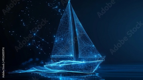 Abstract 3d illustration of yacht in dark blue. Yachting sport, sailing, business, travel concept. Digital vector mesh looks like starry sky. Low poly wireframe with lines, dots and glowing particles photo