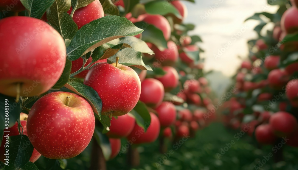 Organic apple orchard, trees full of ripe apples, 3D illustration Organic apple orchard, trees full of ripe apples, 3D illustration