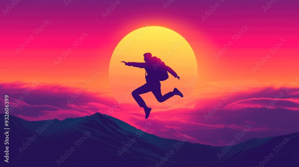 Silhouette of a Person Jumping Over a Mountain Range with a Sunset in the Background Silhouette of a Person Jumping Over a Mountain Range with a Sunset in the Background