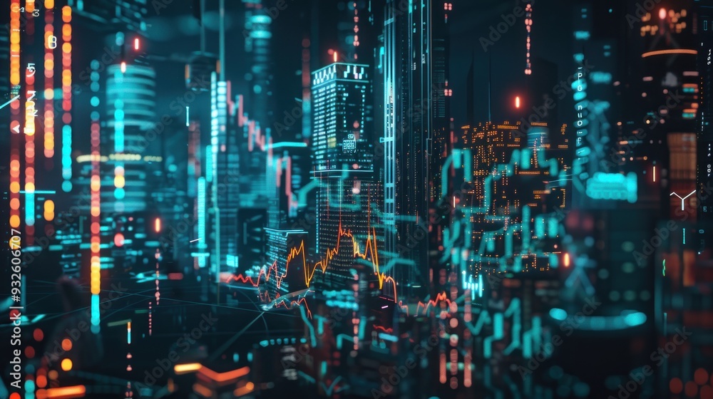 Fototapeta premium Cityscape with digital data overlay