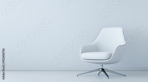 Semi close-up of a sleek white chair in a minimalist room, sharp focus on texture and contrast, soft natural lighting, calm and orderly mood, copy space for text, photo