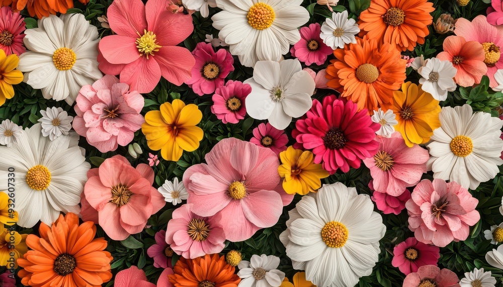 Organic flower garden, vibrant blooms in full array, 3D illustration Organic flower garden, vibrant blooms in full array, 3D illustration