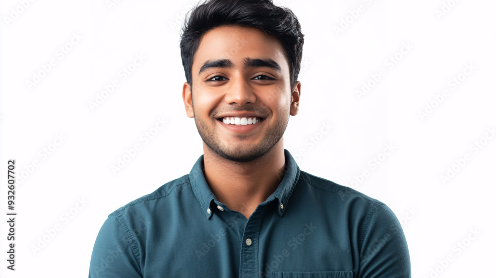 A young Indian man smiling and standing on a white background, exuding happiness and confidence. A young Indian man smiling and standing on a white background, exuding happiness and confidence.