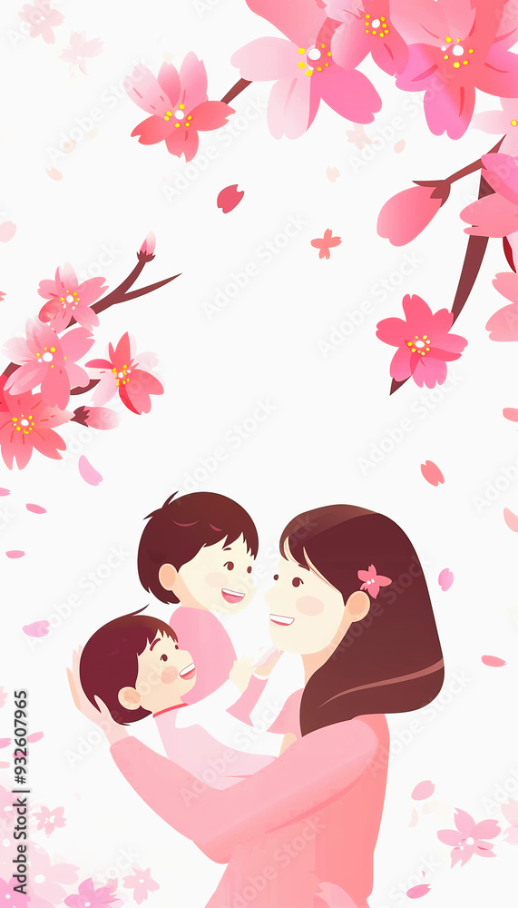 A Mother Holding Her Two Children Surrounded by Cherry Blossoms A Mother Holding Her Two Children Surrounded by Cherry Blossoms