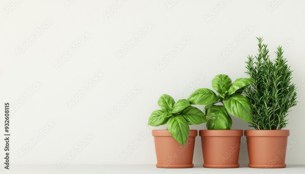 Fototapeta premium Organic herb garden, pots with fresh basil, mint, and rosemary, 3D illustration