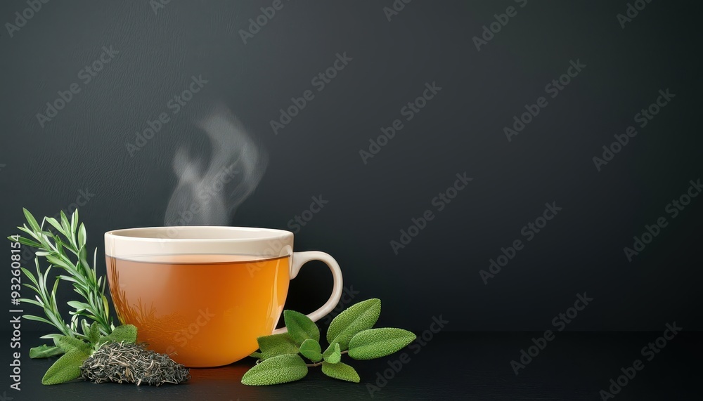 Organic herbal tea, steaming cup with herbs on side, 3D illustration Organic herbal tea, steaming cup with herbs on side, 3D illustration