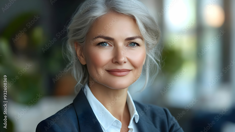 A confident businesswoman with silver hair in a professional setting. A confident businesswoman with silver hair in a professional setting.