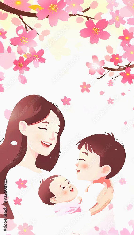 A Mother and Her Two Children Under a Cherry Blossom Tree A Mother and Her Two Children Under a Cherry Blossom Tree