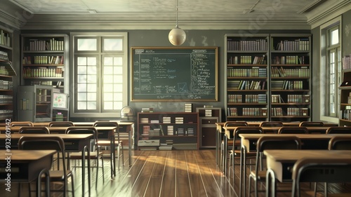 Interior of an empty classroom with desks, chairs and a blackboard. back to school concept 