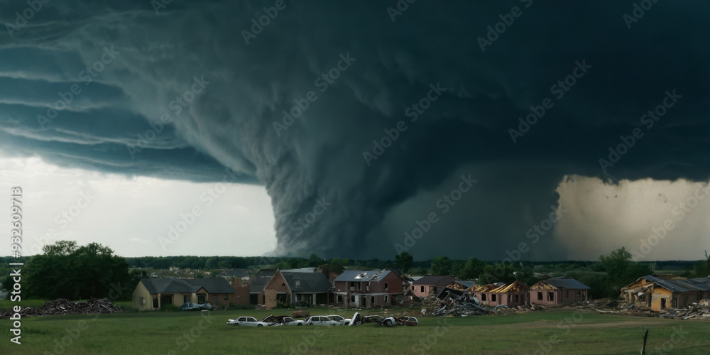A massive tornado forms in the distance, looming ominously over damaged homes in a suburban neighborhood A massive tornado forms in the distance, looming ominously over damaged homes in a suburban neighborhood