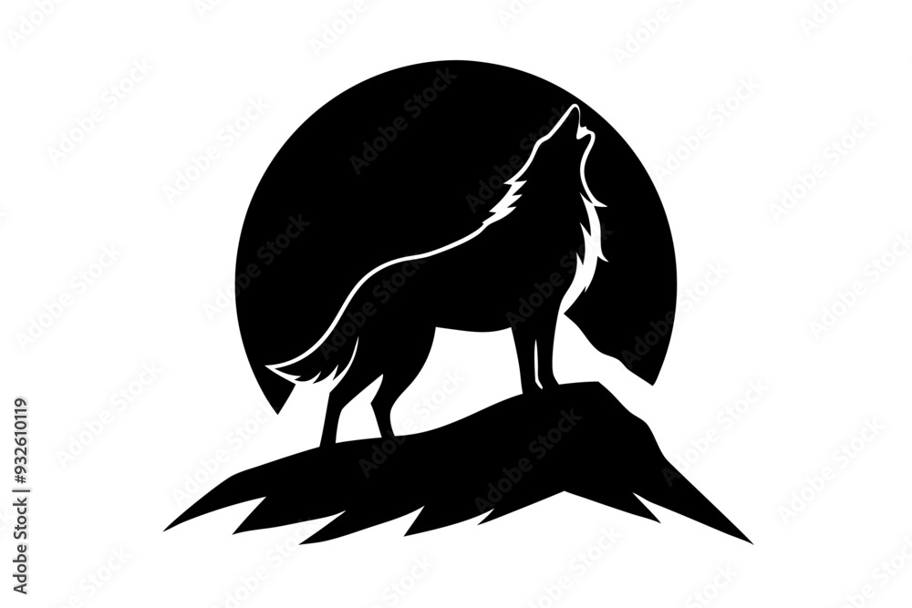 Howling Wolf Silhouette with Full Moon and Mountain Backdrop Printable Graphic Design Howling Wolf Silhouette with Full Moon and Mountain Backdrop Printable Graphic Design