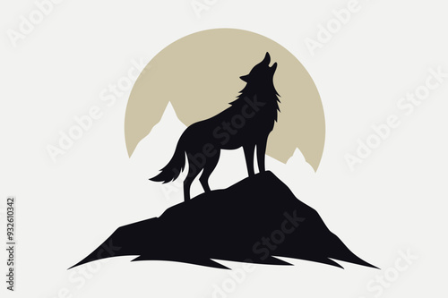 Howling Wolf Silhouette with Full Moon and Mountain Backdrop  Printable Graphic Design