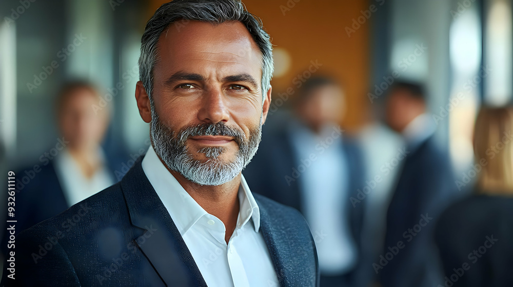 A confident man in a suit smiles in a professional setting. A confident man in a suit smiles in a professional setting.