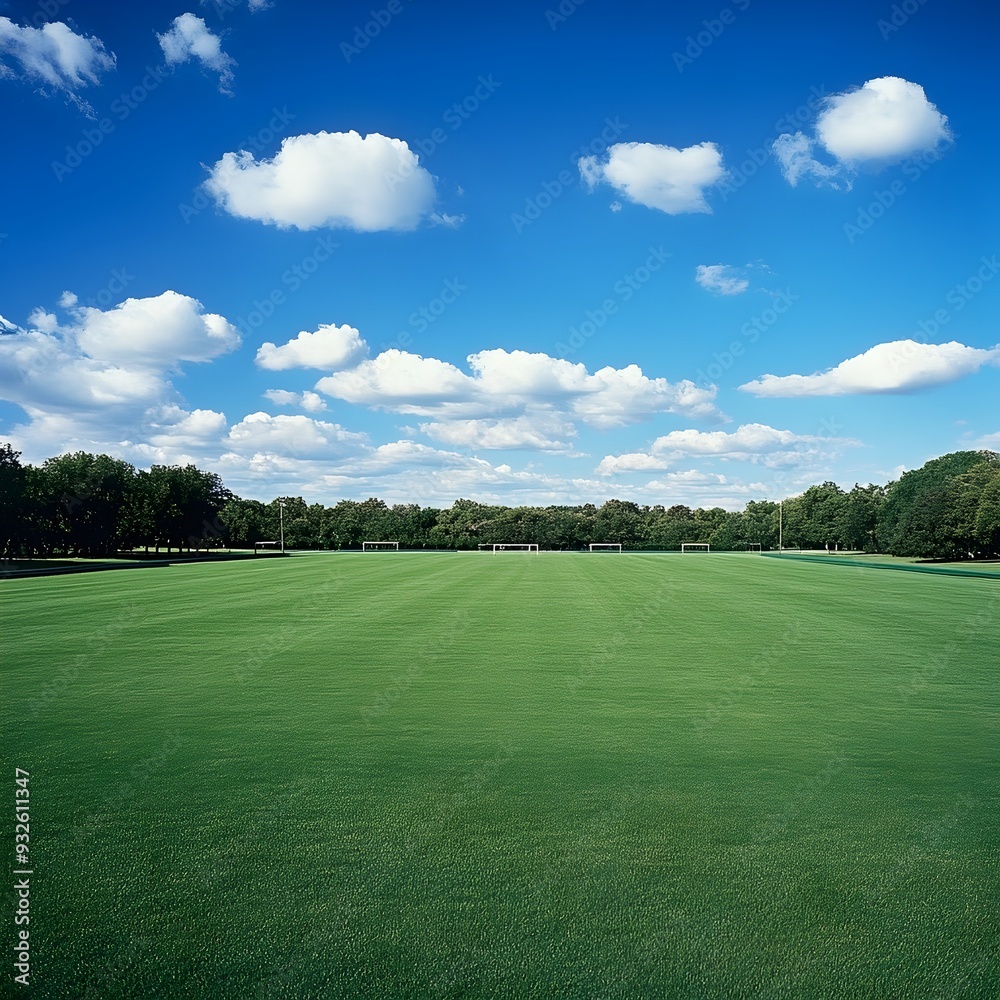 Expansive polo field with tall goalposts standing in place ready for an exciting game of polo  The lush green turf stretches out leaving ample open space for the upcoming match