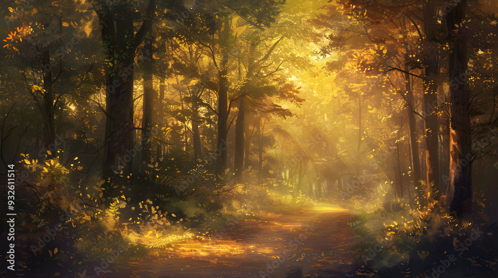 Serene Forest Path at Sunset Painting: Rough Brush Textured Artwork Depicting Tranquil Evening in Nature Serene Forest Path at Sunset Painting: Rough Brush Textured Artwork Depicting Tranquil Evening in Nature