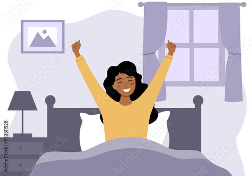 Happy woman wake up fresh and stretching arms in bed. Good morning. Vector illustration in flat style.