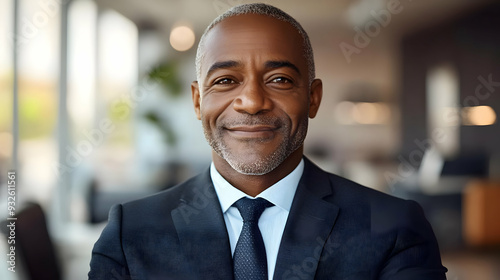 A confident man in a suit smiling in a modern office setting.