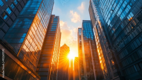 Wallpaper Mural Detailed shot of the sun setting behind a cluster of high-rise buildings, with the sun rays spilling between the structures and creating a beautiful cityscape. Torontodigital.ca