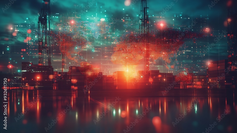 Fototapeta premium World map with logistic network distribution on background Logistic and transport concept in front Container Cargo freight ship for Concept of fast or instant shipping Online goods ord : Generative AI