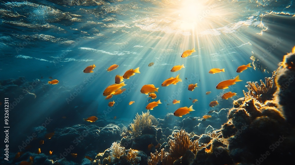 Fototapeta premium Underwater Background Point of View from Underwater Diving Natural Sun Ray Indo Pacific Ocean Southeast Asia : Generative AI