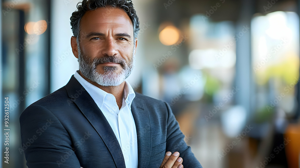 A confident man in a suit stands in a modern office setting.