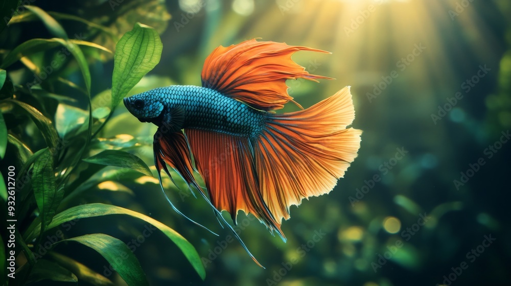 Detailed view of a majestic Betta fish with a full display of its colorful fins and dynamic posture, set against a lush underwater plant backdrop. Detailed view of a majestic Betta fish with a full display of its colorful fins and dynamic posture, set against a lush underwater plant backdrop.