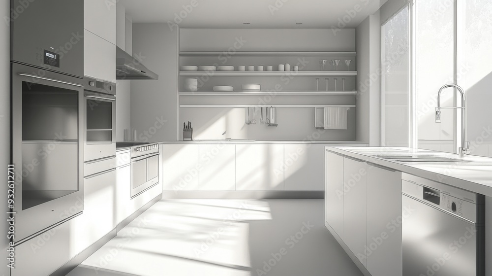 Detailed view of a minimalist kitchen with modern appliances, open shelving, and a clean, streamlined design, set against a bright, airy backdrop. Detailed view of a minimalist kitchen with modern appliances, open shelving, and a clean, streamlined design, set against a bright, airy backdrop.
