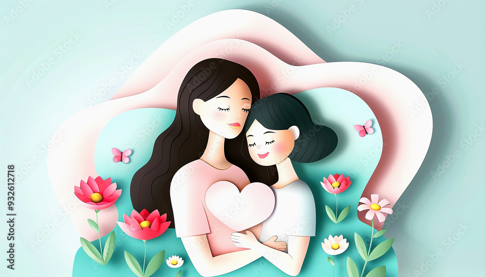 Paper Cutout Illustration of a Mother and Daughter Embracing with a Heart Paper Cutout Illustration of a Mother and Daughter Embracing with a Heart