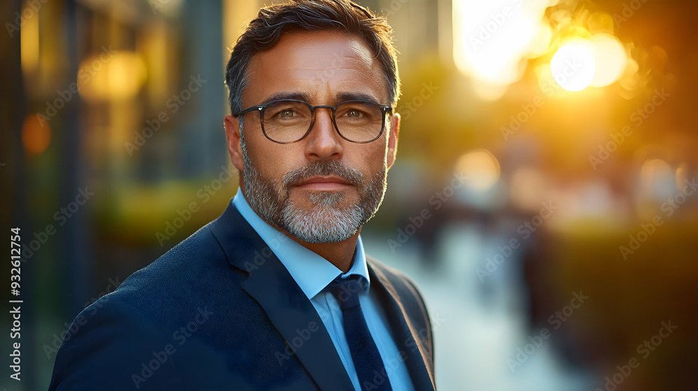 A confident man in a suit stands outdoors during sunset. A confident man in a suit stands outdoors during sunset.