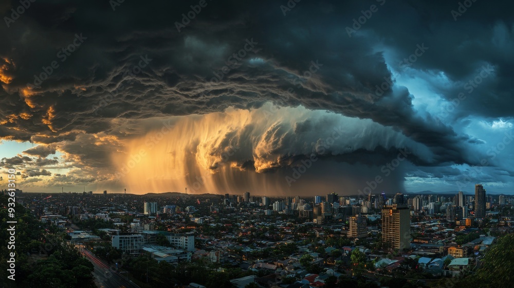 Fototapeta premium Detailed view of a summer storm with torrential rain and thunderclouds, showing a cityscape affected by the heavy weather and darkening skies.