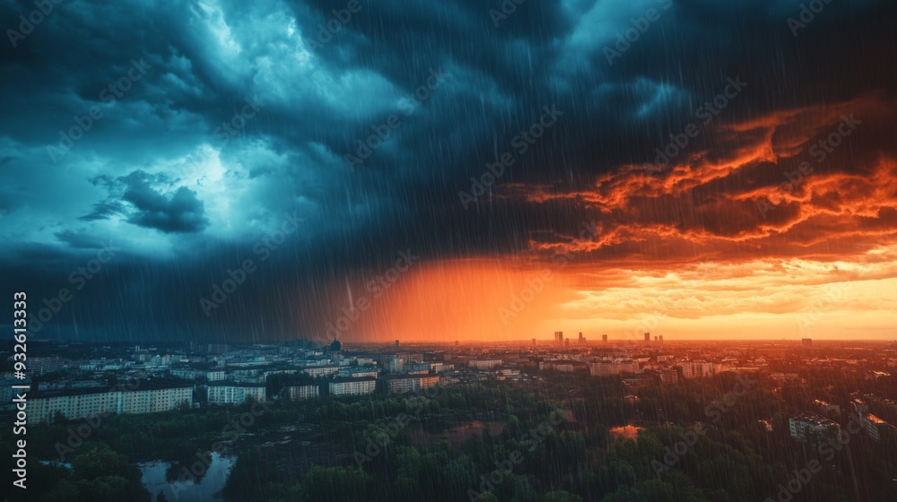 Naklejka premium Detailed view of a summer storm with torrential rain and thunderclouds, showing a cityscape affected by the heavy weather and darkening skies.