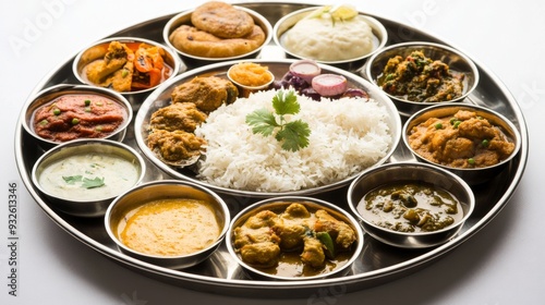 Detailed view of a traditional Indian thali, featuring a variety of small dishes including curries, rice, and pickles, arranged on a metal tray.