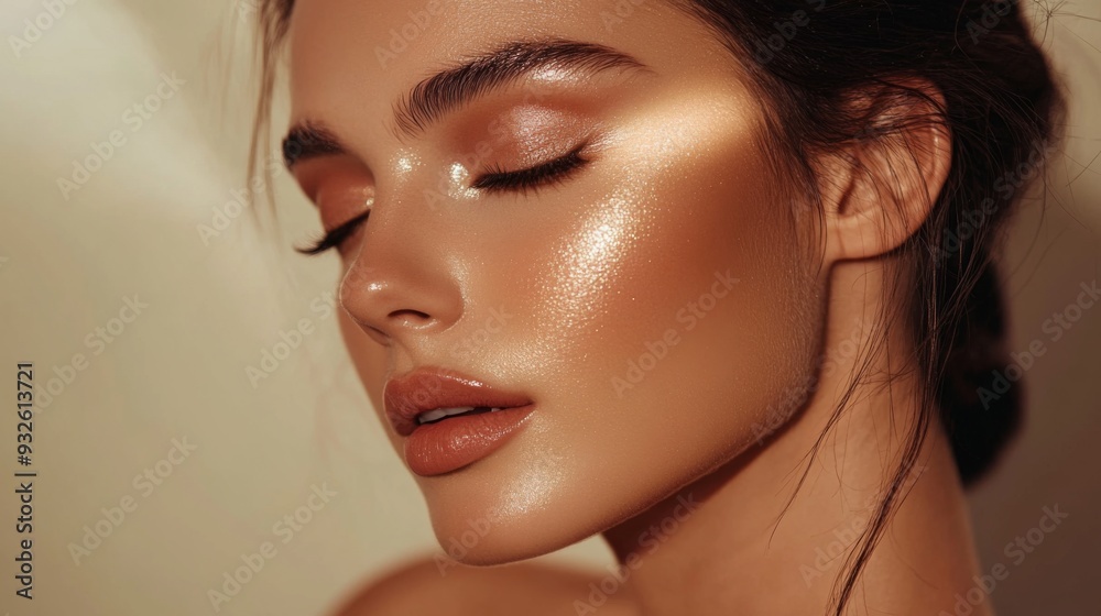 Naklejka premium Detailed view of a woman with elegant makeup, including contouring and highlighting, with soft, natural light enhancing her beauty and makeup artistry.