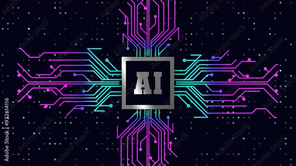 Animated of title circuit board with glowing lines in the center, AI technology, futuristic design. Suitable for tech related projects, digital concepts. Microchip internals, technology themed designs