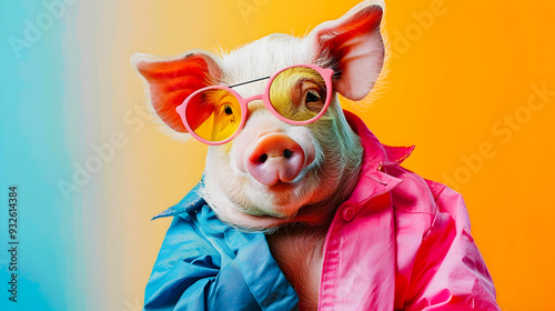 A creative and whimsical digital or photomanipulation depicting a pig wearing a vibrant fashionable outfit with accessories like sunglasses