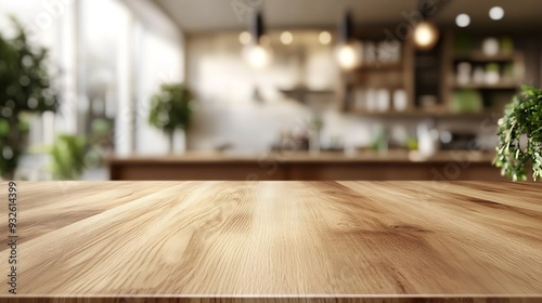 Empty beautiful wood table top counter and blur bokeh modern kitchen interior background in clean and bright Banner Ready for product montage Kitchen room blurred background : Generative AI