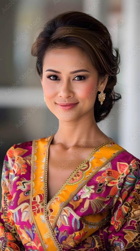 Malay woman in a colorful songket dress, highlighting intricate weaving Malay woman in a colorful songket dress, highlighting intricate weaving