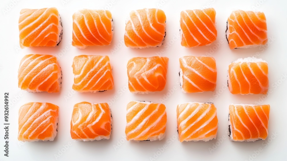 Fototapeta premium High-definition image of raw salmon sushi pieces arranged on a white background, highlighting the freshness and vibrant color of the fish.
