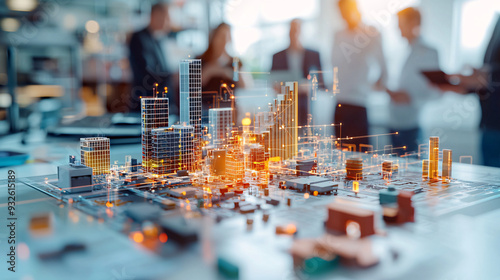 Business professionals planning a digital smart city model with futuristic technology photo