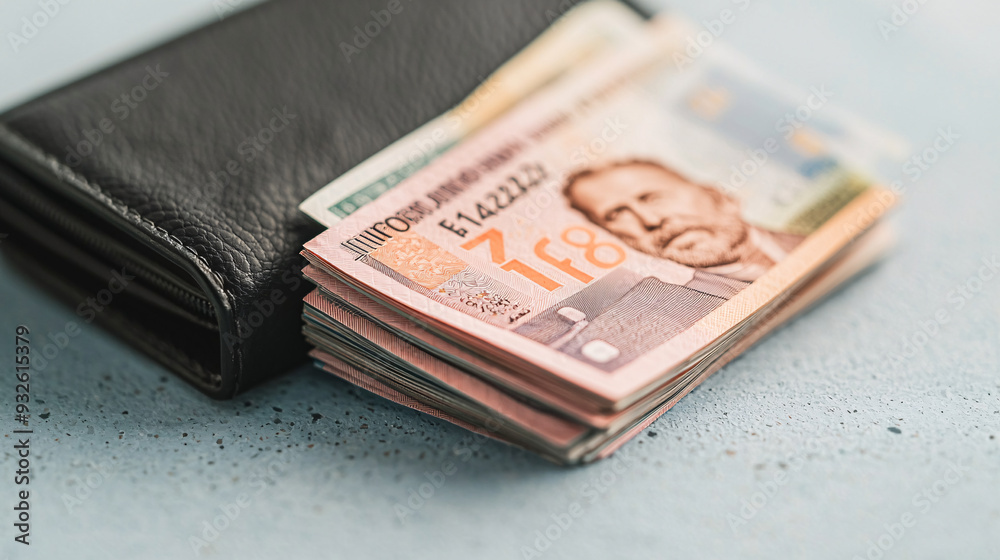 Obraz premium Close-up of a black wallet and a stack of euro banknotes on a light blue surface